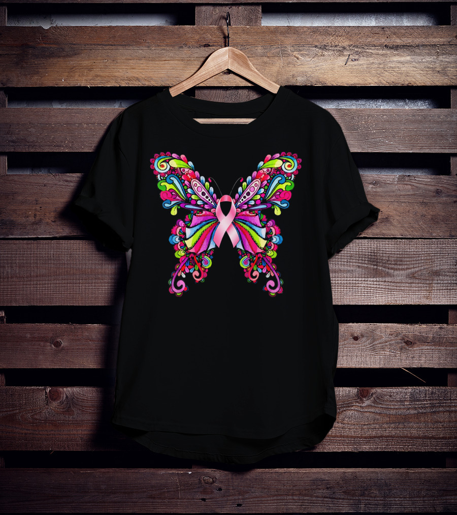 Colorful Hippie Butterfly Breast Cancer Awareness T-Shirt