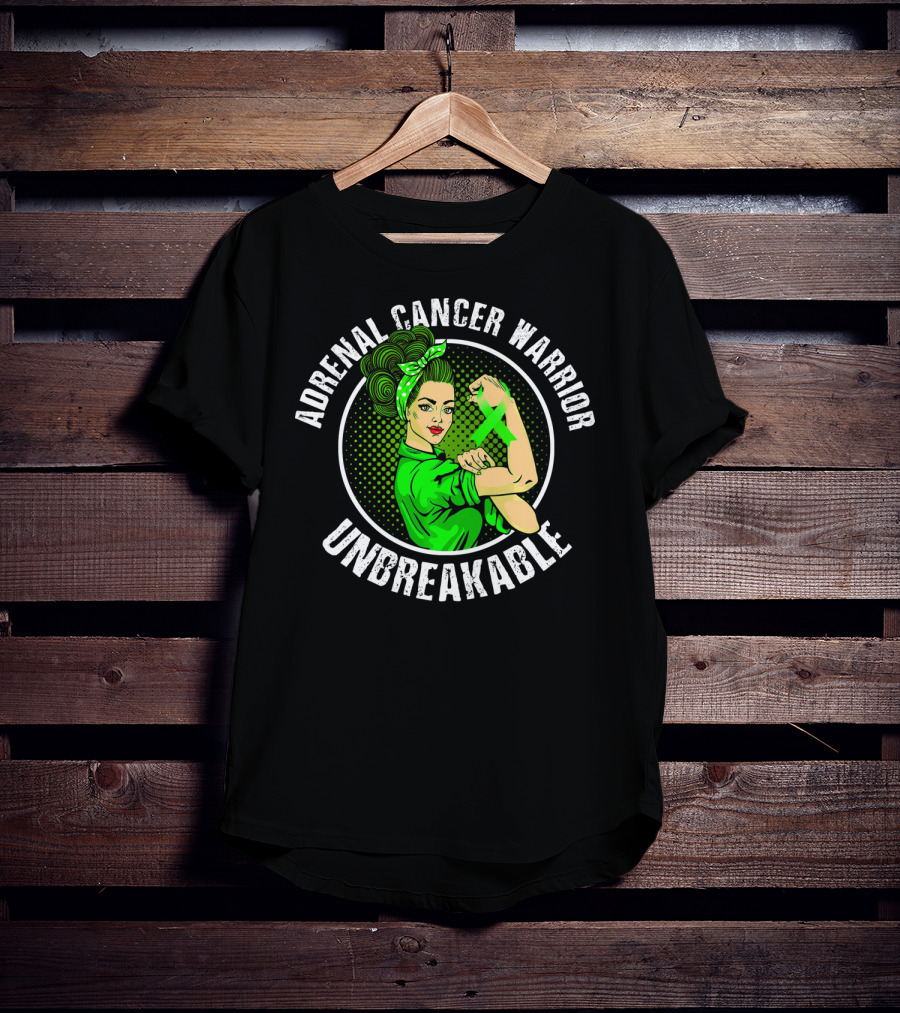 Adrenal Cancer Warrior Unbreakable Rosie The Riveter Green T-Shirt