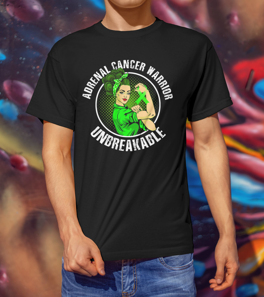 Adrenal Cancer Warrior Unbreakable Rosie The Riveter Green T-Shirt