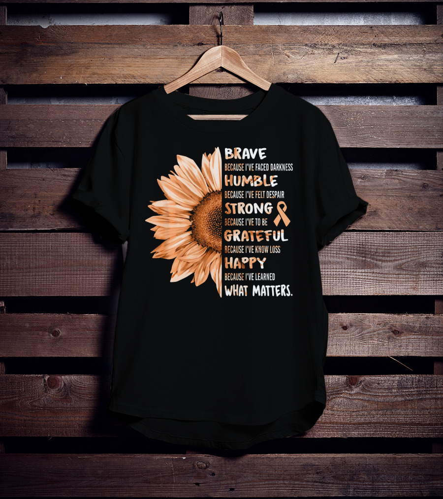 Brave Humble Strong Grateful Happy Sunflower Peach Ribbon Uterine Cancer T-Shirt
