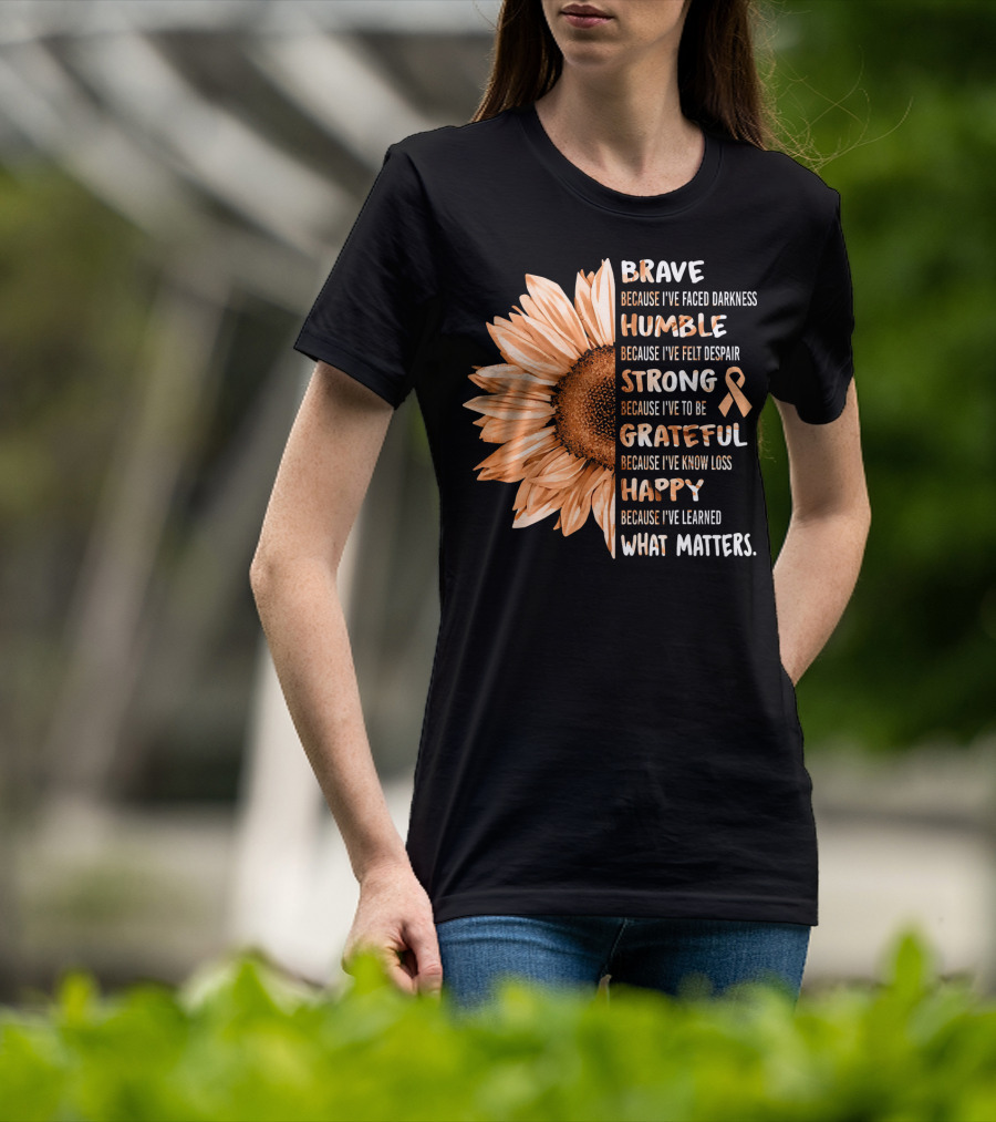 Brave Humble Strong Grateful Happy Sunflower Peach Ribbon Uterine Cancer T-Shirt