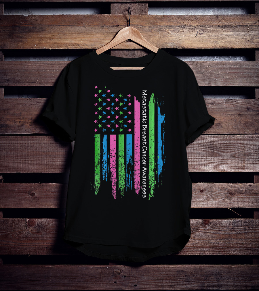 Vintage USA Flag Ribbon Metastatic Breast Cancer Awareness T-Shirt