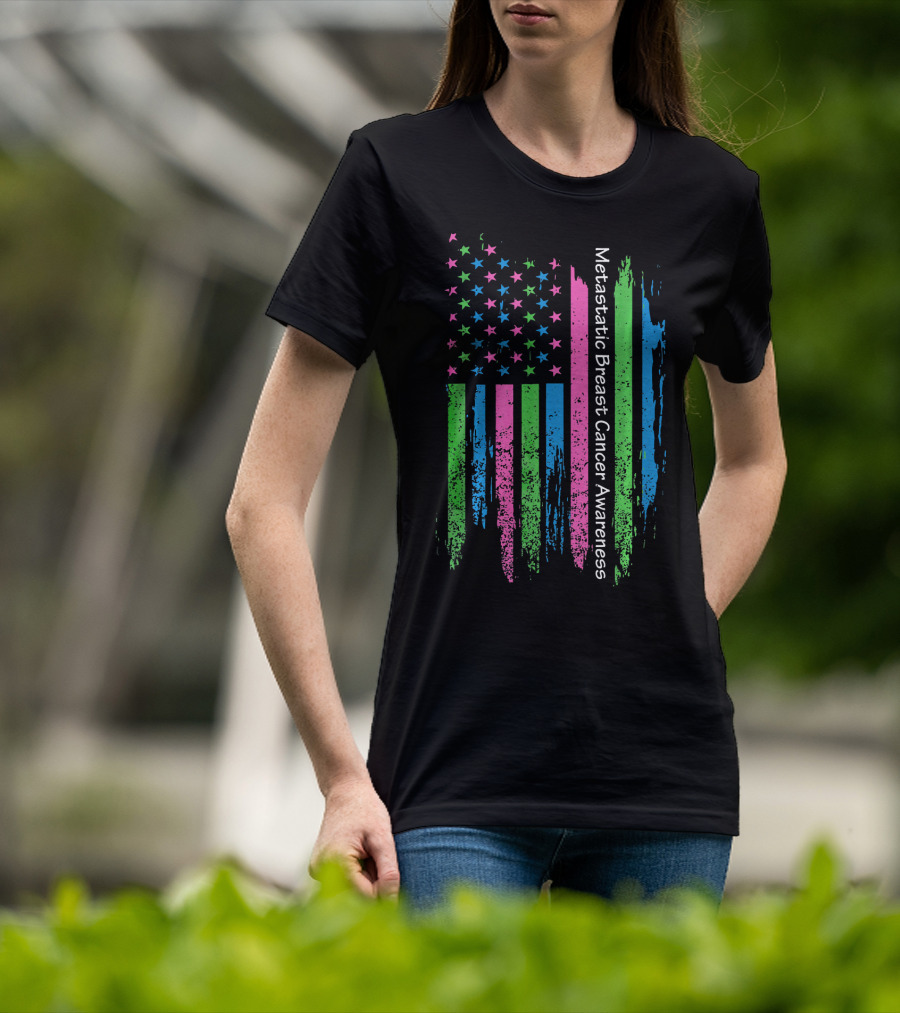 Vintage USA Flag Ribbon Metastatic Breast Cancer Awareness T-Shirt