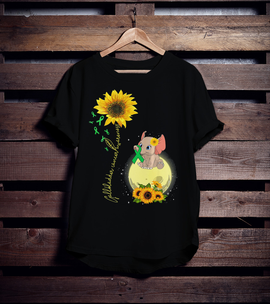 Gallbladder Cancer Awareness Elephant With Sunflowers And Green T-Shirt