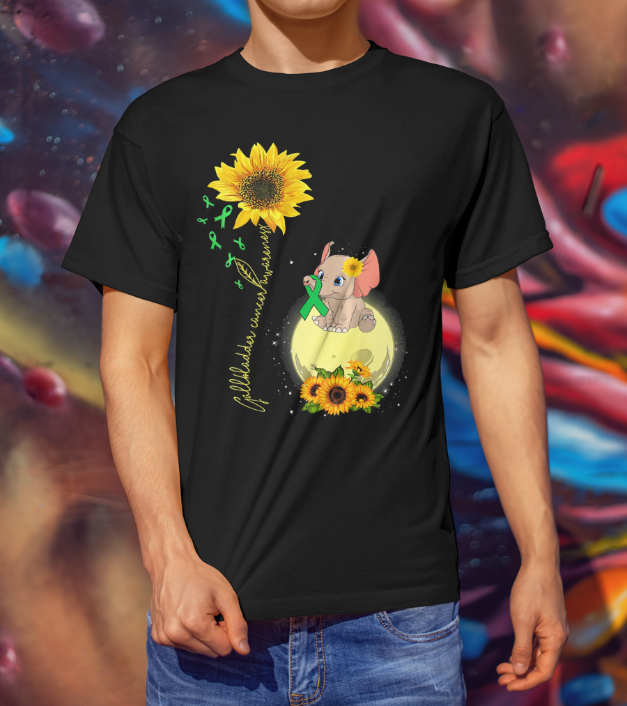 Gallbladder Cancer Awareness Elephant With Sunflowers And Green T-Shirt