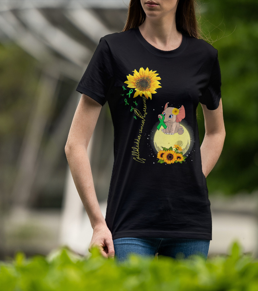 Gallbladder Cancer Awareness Elephant With Sunflowers And Green T-Shirt