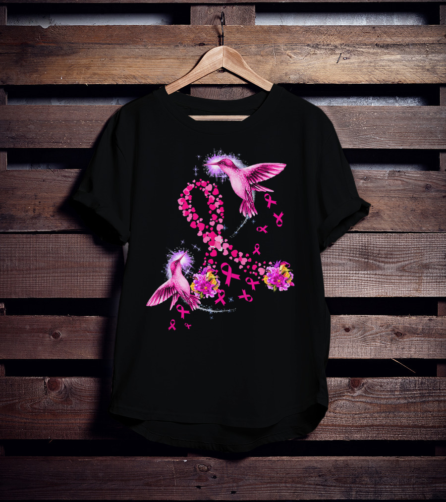 Hummingbird Heart Pink Ribbon Breast Cancer Awareness Flowers T-Shirt
