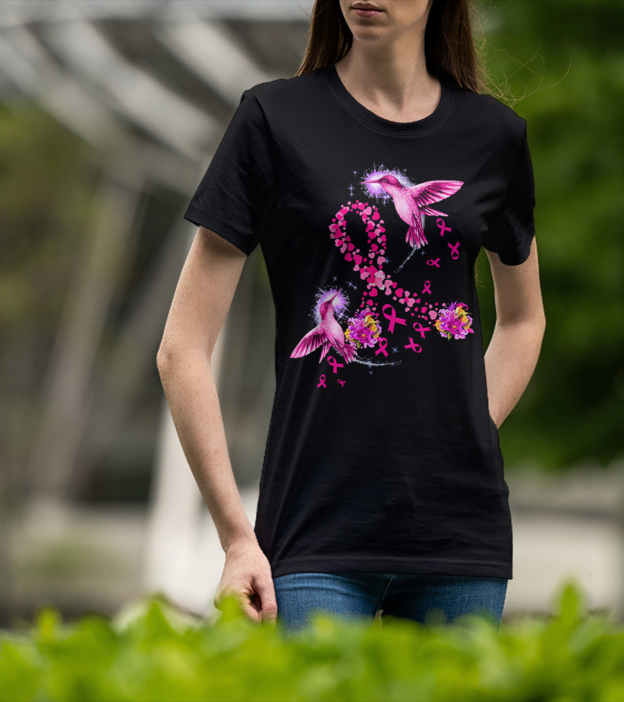 Hummingbird Heart Pink Ribbon Breast Cancer Awareness Flowers T-Shirt
