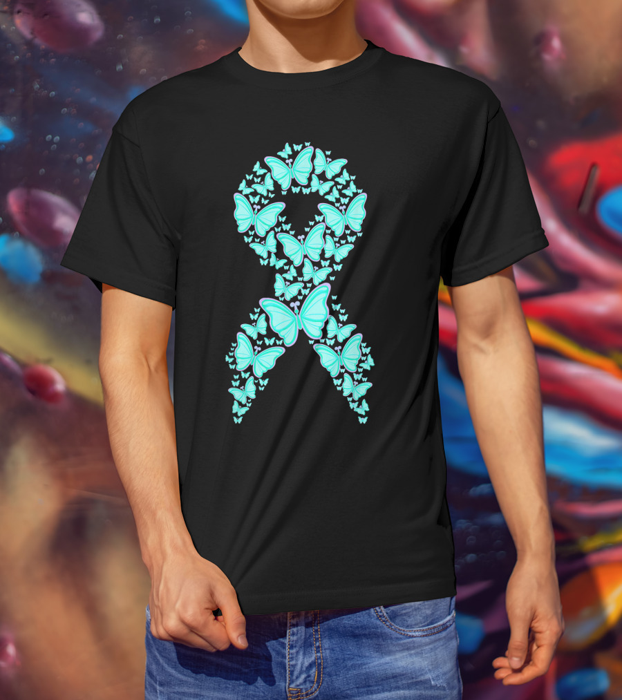 Ovarian Cancer Awareness Butterfly Ribbon Fighter T-Shirt