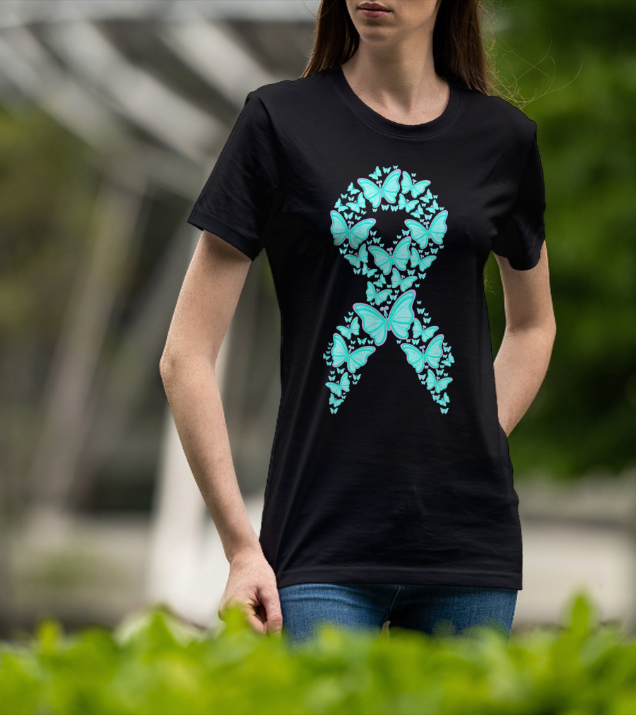Ovarian Cancer Awareness Butterfly Ribbon Fighter T-Shirt