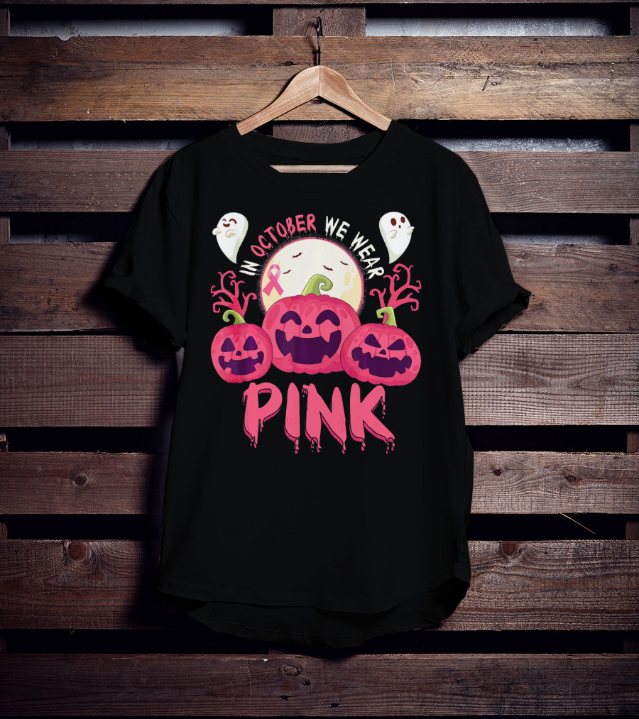 In October We Wear Pink Pumpkin With Ghosts And Moon T-Shirt