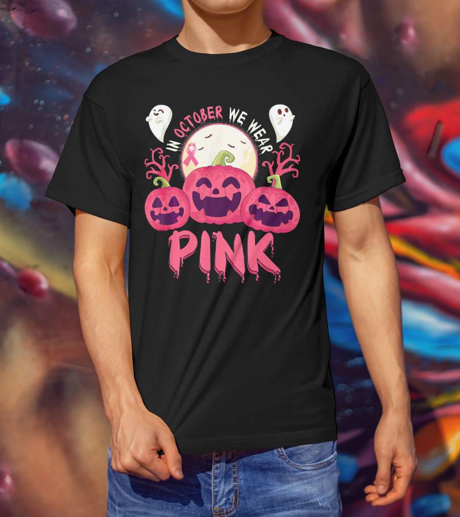 In October We Wear Pink Pumpkin With Ghosts And Moon T-Shirt