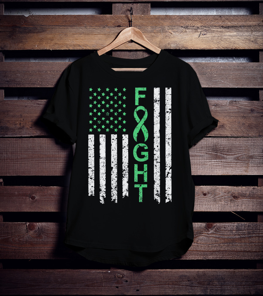 Liver Cancer Awareness Green Ribbon Fight American Flag T-Shirt
