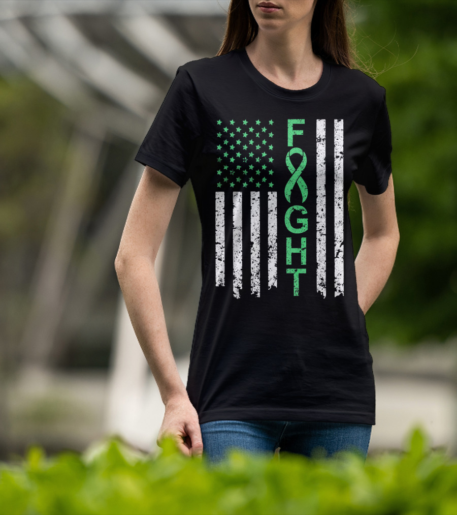 Liver Cancer Awareness Green Ribbon Fight American Flag T-Shirt