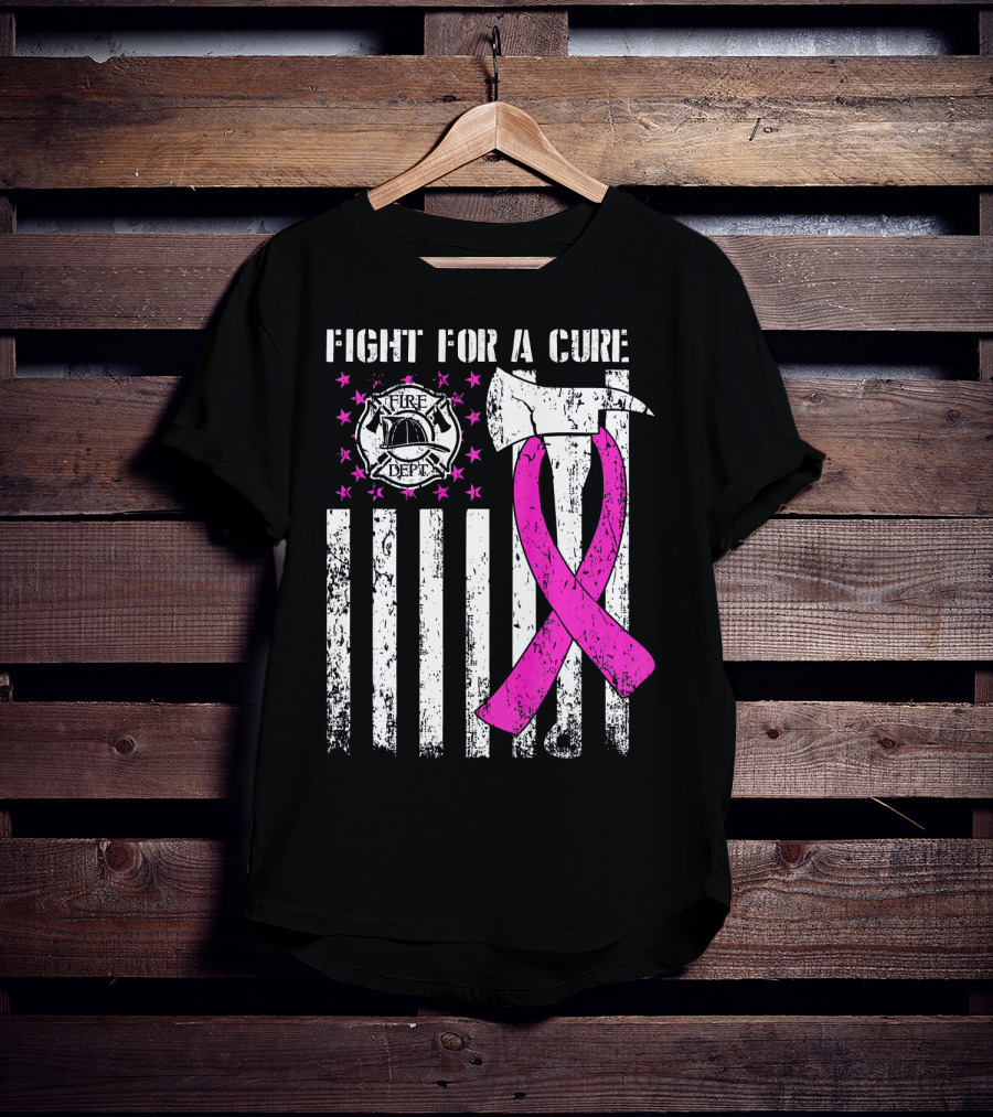 Fight For A Cure Fire Dept Pink Ribbon Axe Flag T-Shirt