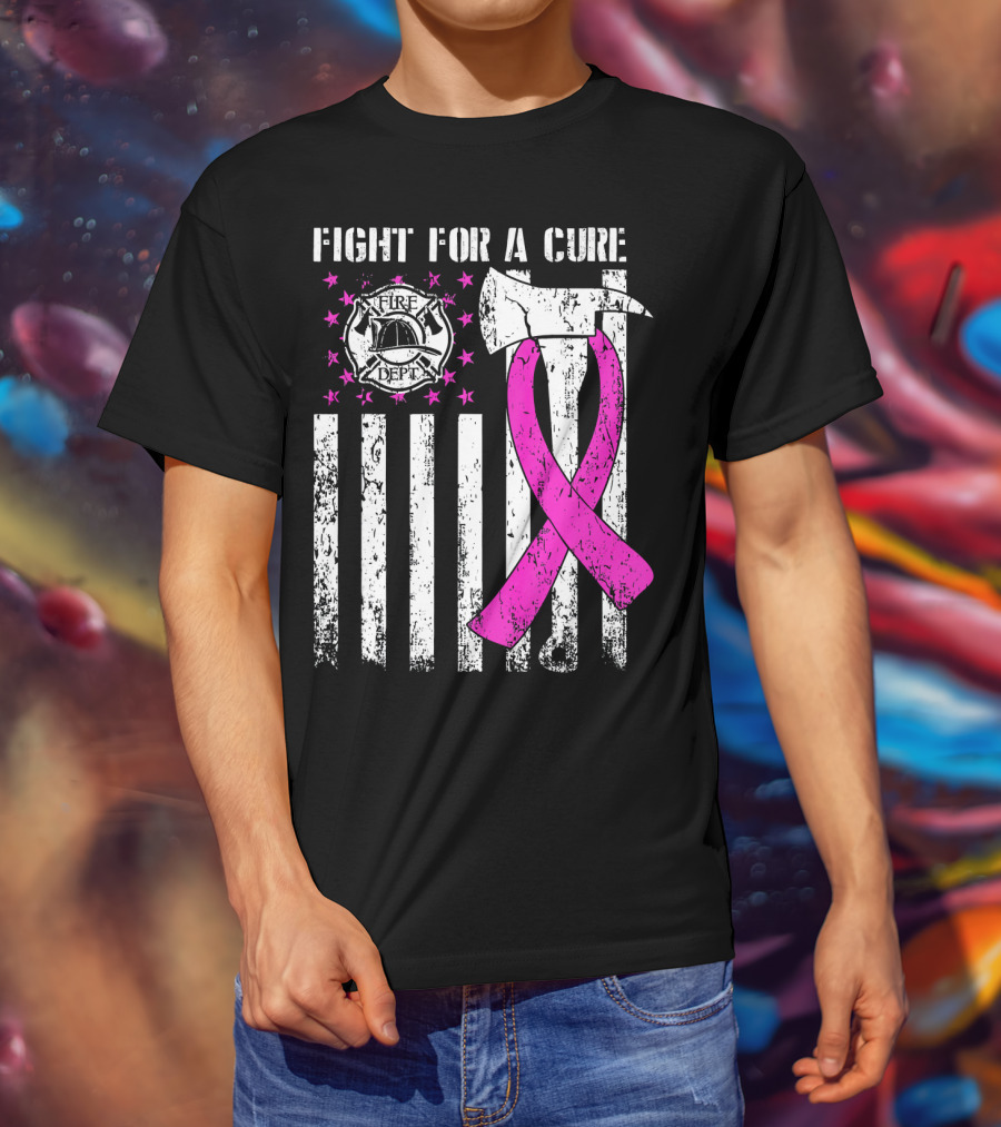 Fight For A Cure Fire Dept Pink Ribbon Axe Flag T-Shirt