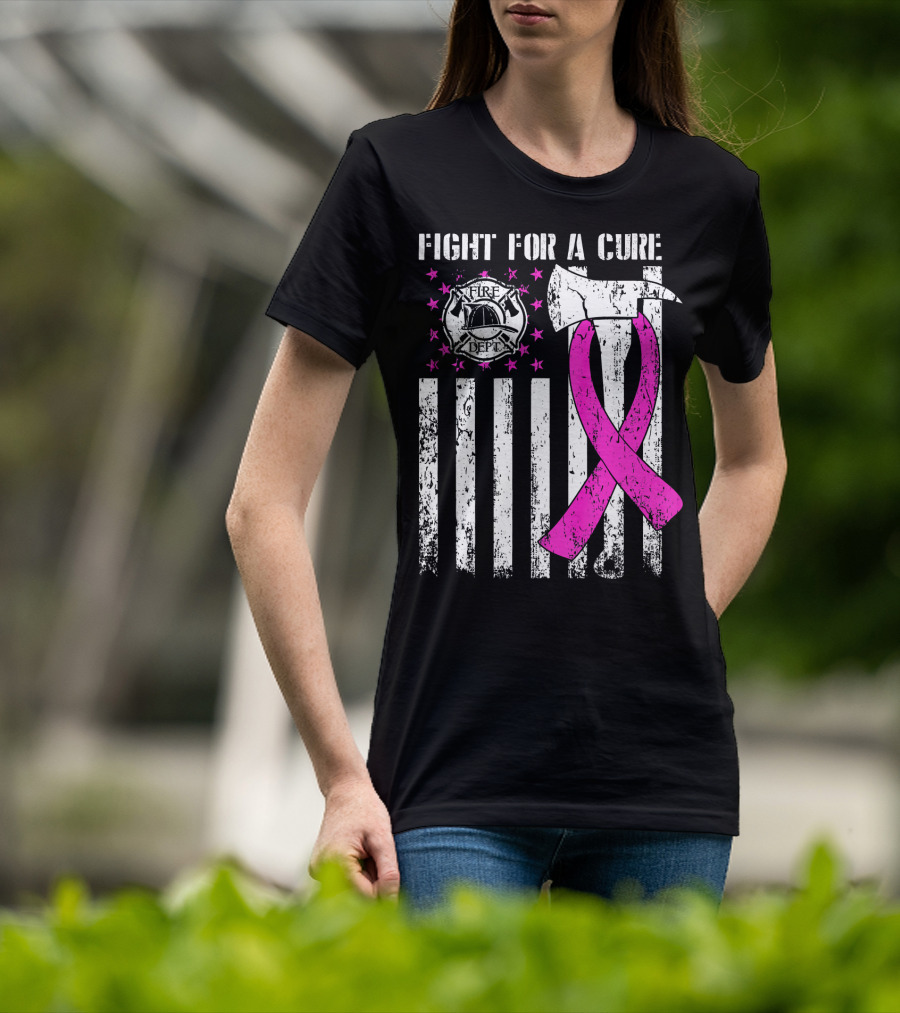 Fight For A Cure Fire Dept Pink Ribbon Axe Flag T-Shirt