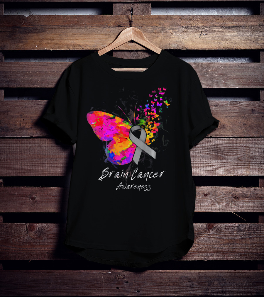 Brain Cancer Awareness Butterfly With Gray Ribbon And Colorful Wing Motif T-Shirt