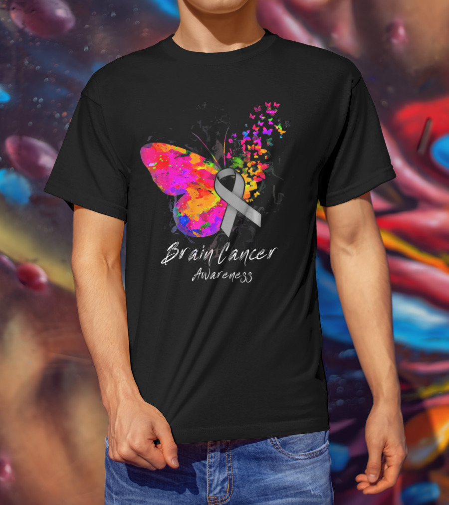 Brain Cancer Awareness Butterfly With Gray Ribbon And Colorful Wing Motif T-Shirt