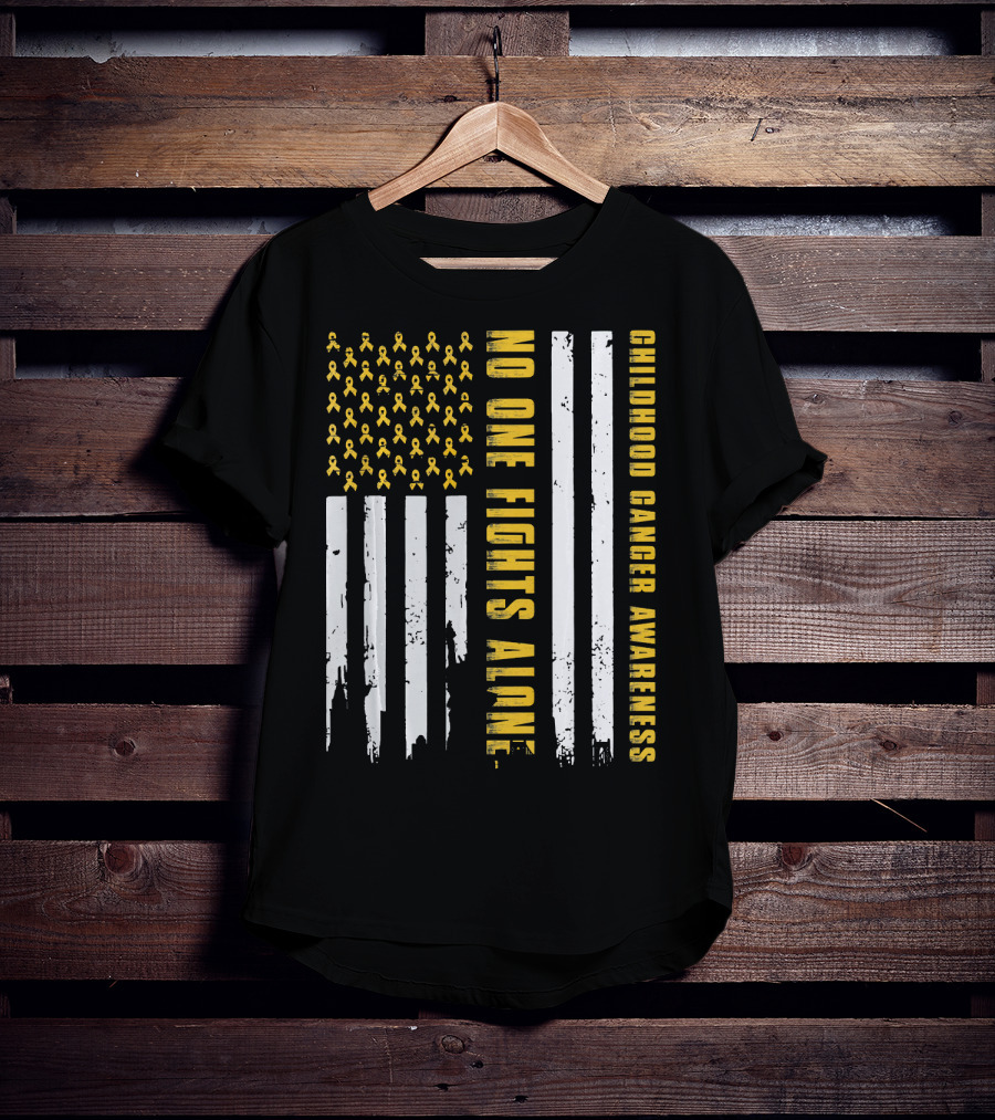 No One Fights Alone USA Flag Childhood Cancer Awareness T-Shirt