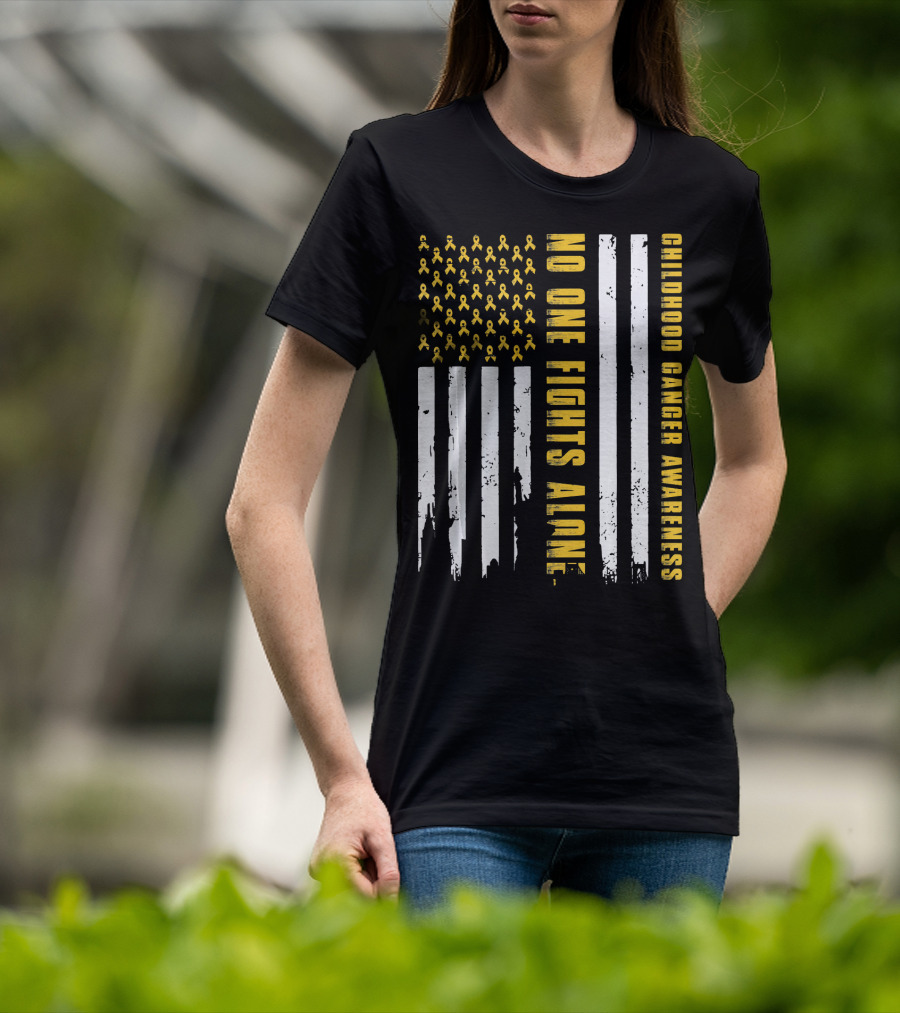No One Fights Alone USA Flag Childhood Cancer Awareness T-Shirt