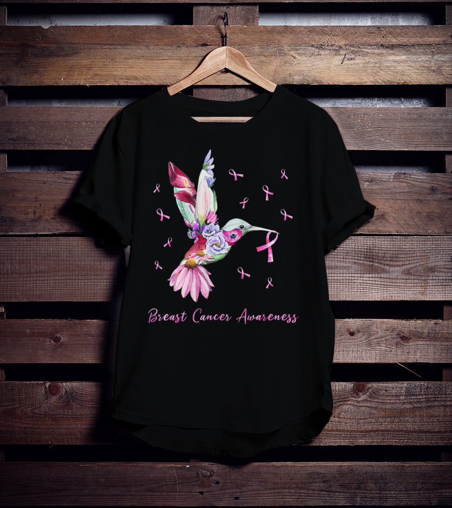 Breast Cancer Awareness Pink Ribbon Flower Hummingbird T-Shirt