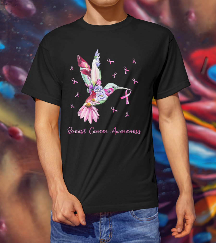 Breast Cancer Awareness Pink Ribbon Flower Hummingbird T-Shirt