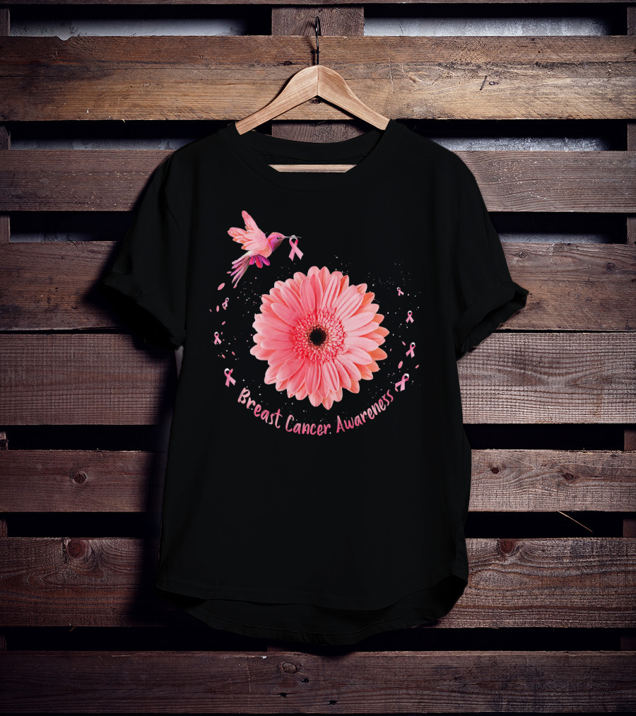 Hummingbird Pink Ribbon Breast Cancer Awareness Sunflower T-Shirt