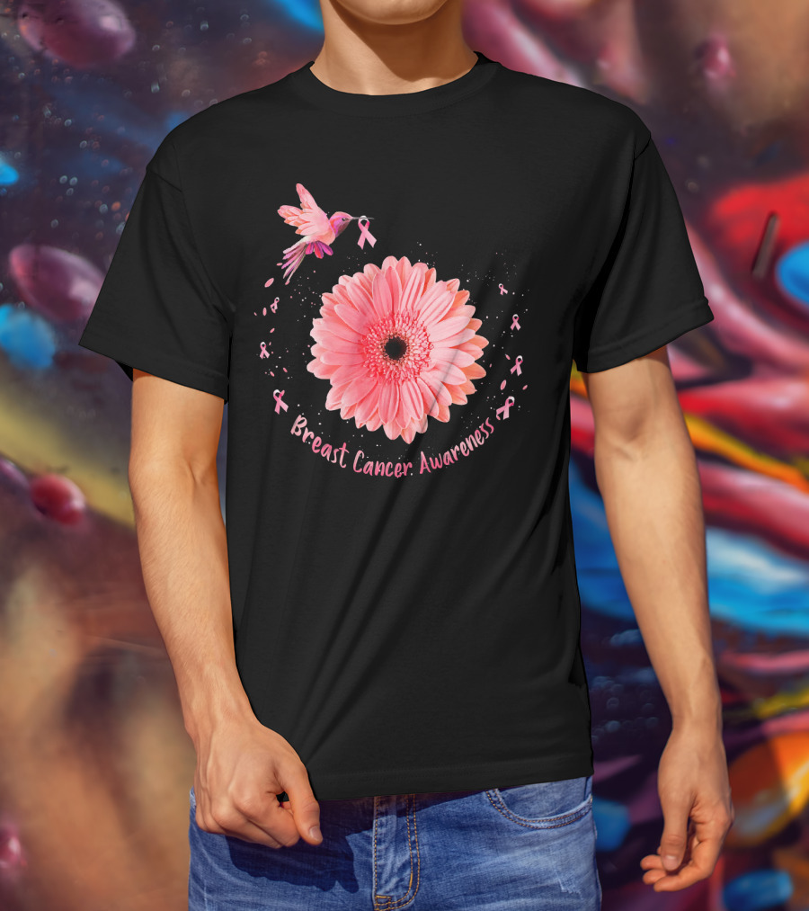 Hummingbird Pink Ribbon Breast Cancer Awareness Sunflower T-Shirt