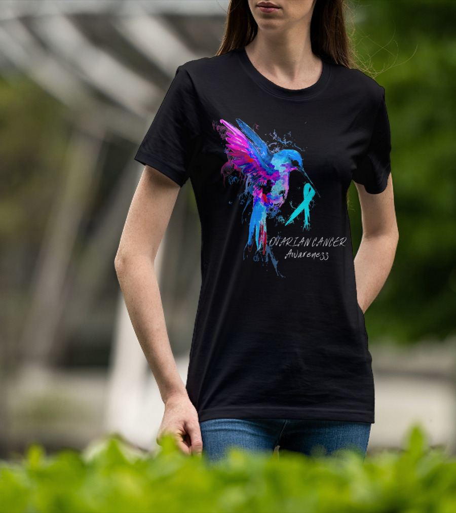 OVARIAN CANCER Awareness Hummingbird With Teal T-Shirt