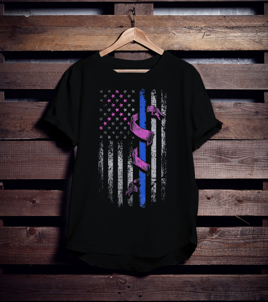 Thin Blue Line Pink Ribbon American Flag Breast Cancer Awareness T-Shirt