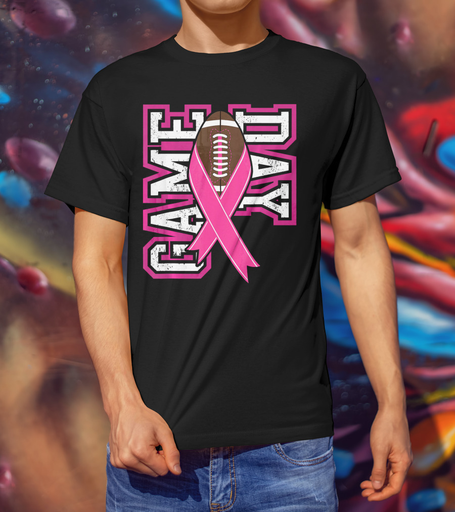 Game Day Breast Cancer Awareness Pink Ribbon Football T-Shirt