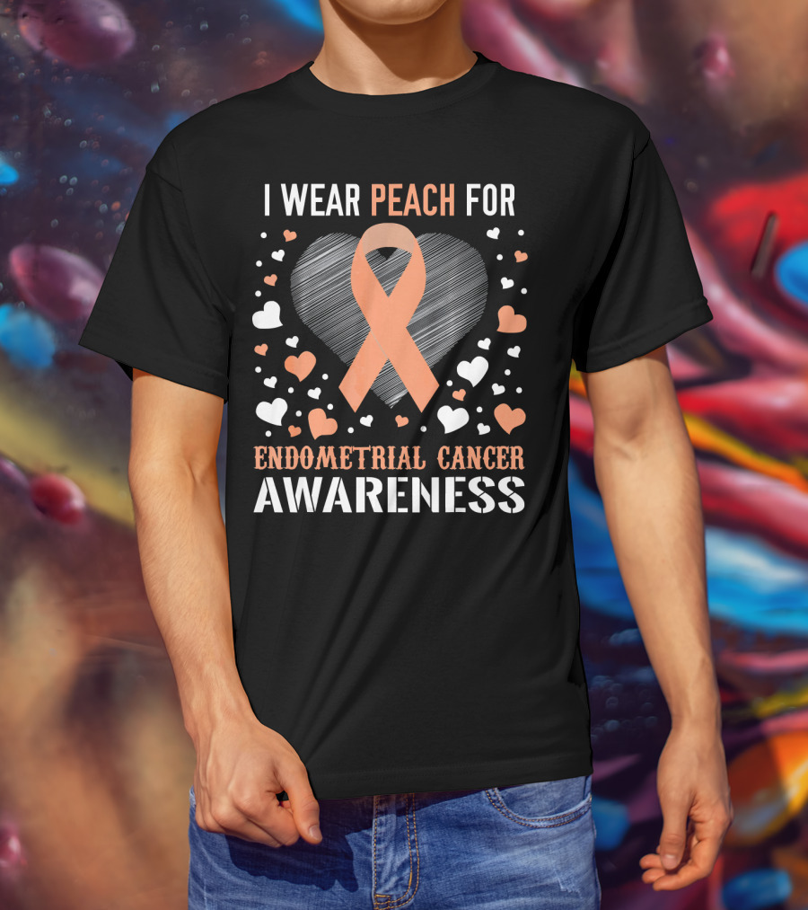 I Wear Peach For Endometrial Cancer Awareness Ribbon Heart T-Shirt
