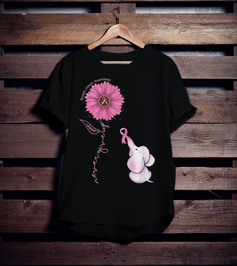 Breast Cancer Awareness Never Give Up Pink Ribbon Sunflower Elephant T-Shirt