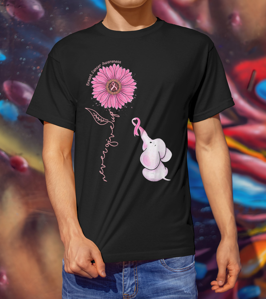 Breast Cancer Awareness Never Give Up Pink Ribbon Sunflower Elephant T-Shirt