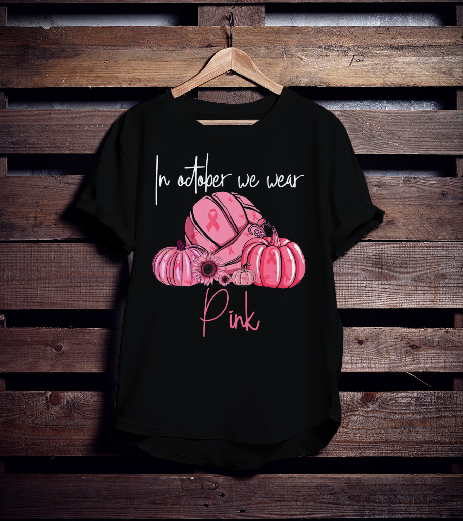 In October We Wear Pink Volleyball Pumpkins With Ribbons T-Shirt