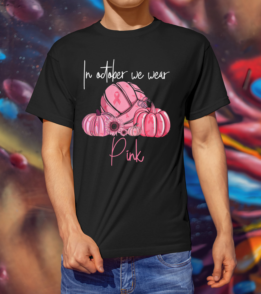 In October We Wear Pink Volleyball Pumpkins With Ribbons T-Shirt