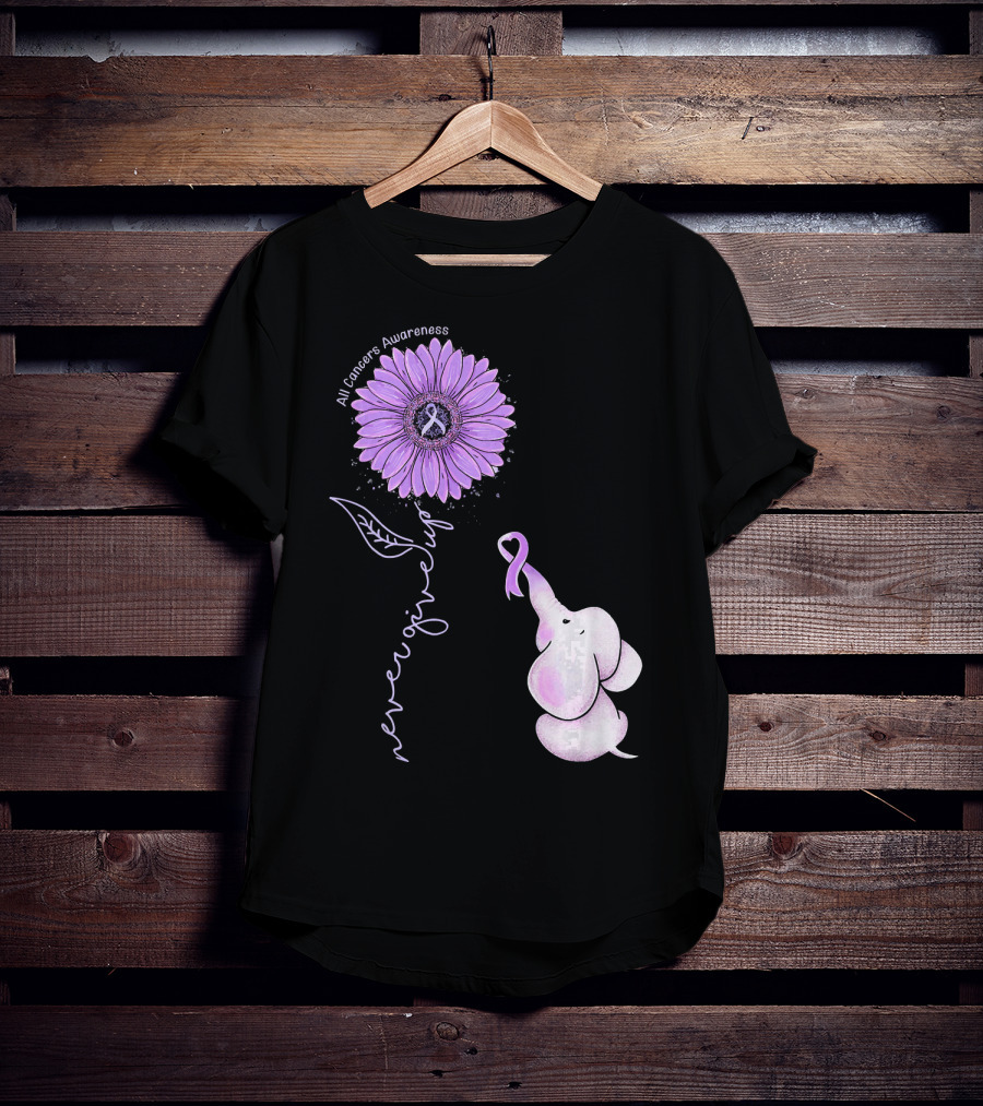 Never Giving Up All Cancers Awareness Sunflower Elephant T-Shirt