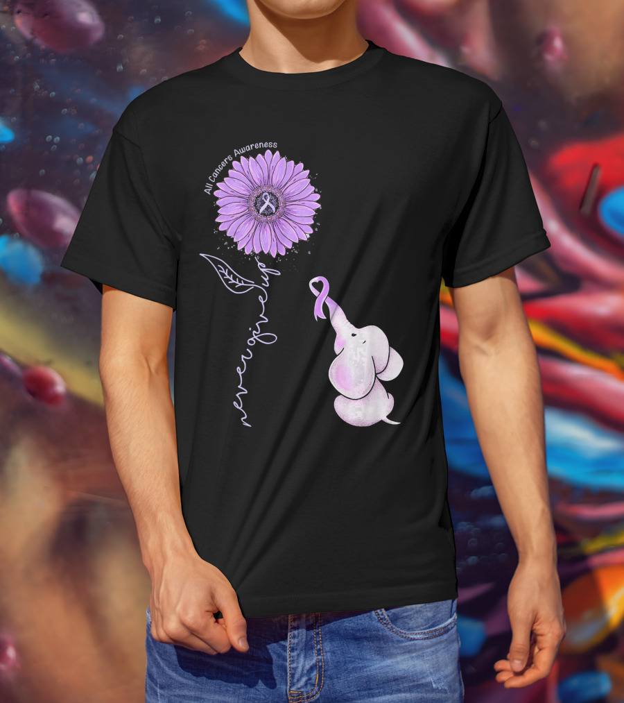 Never Giving Up All Cancers Awareness Sunflower Elephant T-Shirt