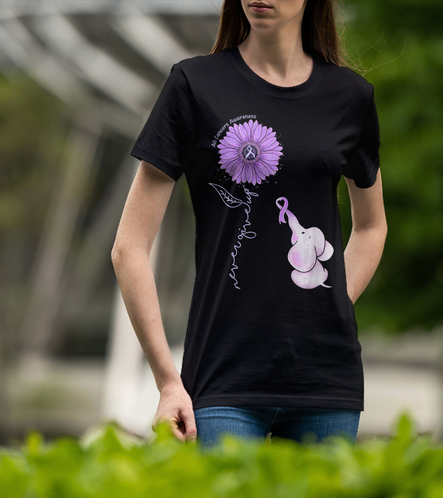 Never Giving Up All Cancers Awareness Sunflower Elephant T-Shirt