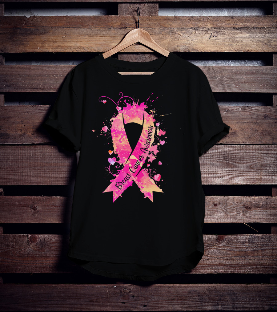 Breast Cancer Awareness Pink Ribbon Hearts And Splash T-Shirt