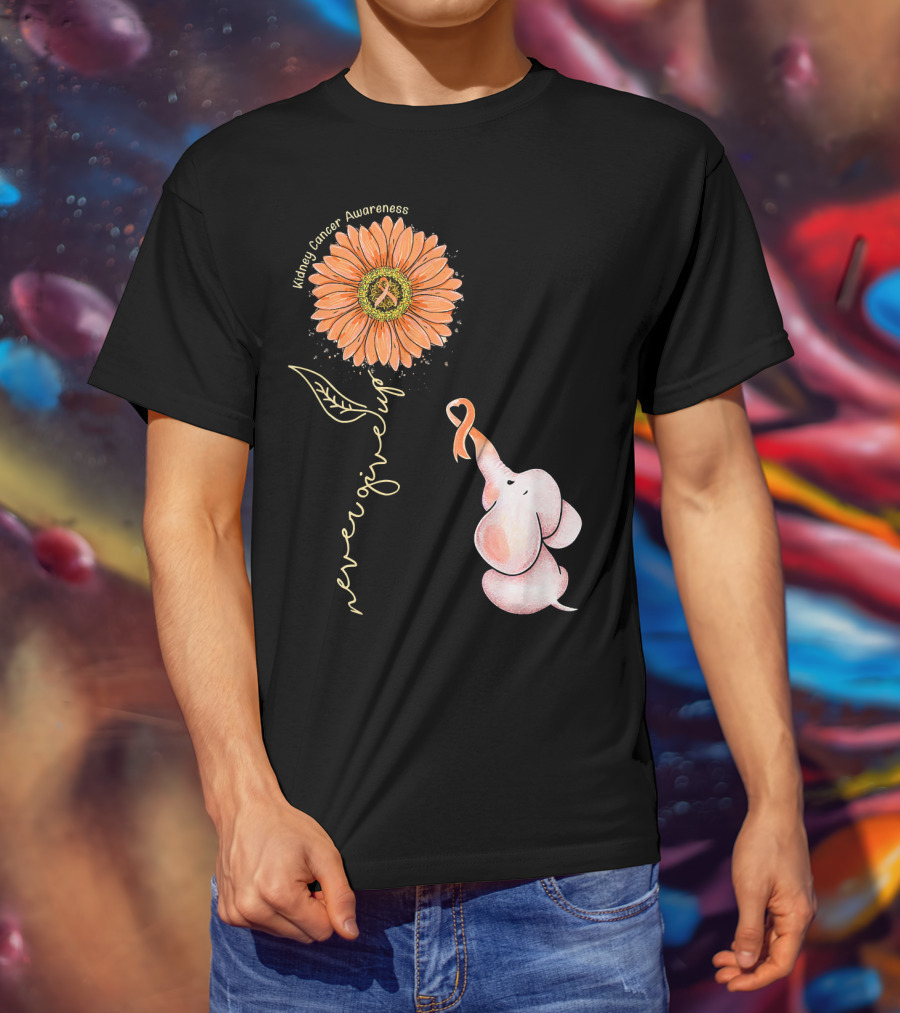 Kidney Cancer Awareness Sunflower Elephant Never Give Up T-Shirt