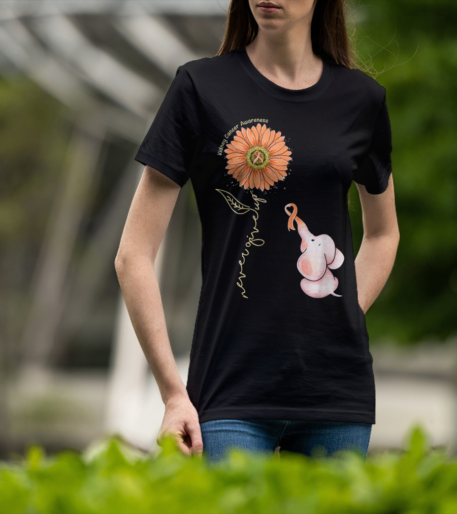 Kidney Cancer Awareness Sunflower Elephant Never Give Up T-Shirt