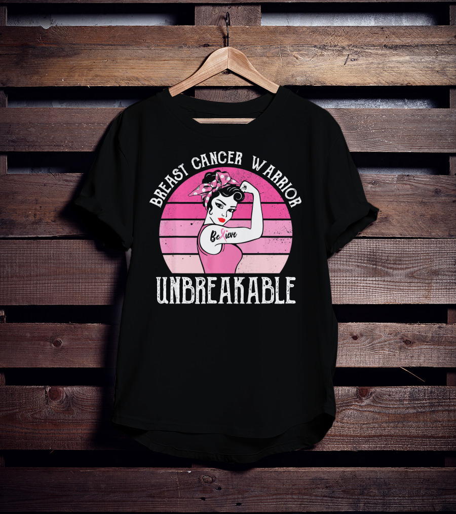 Breast Cancer Warrior Believe Unbreakable Retro Sunset T-Shirt