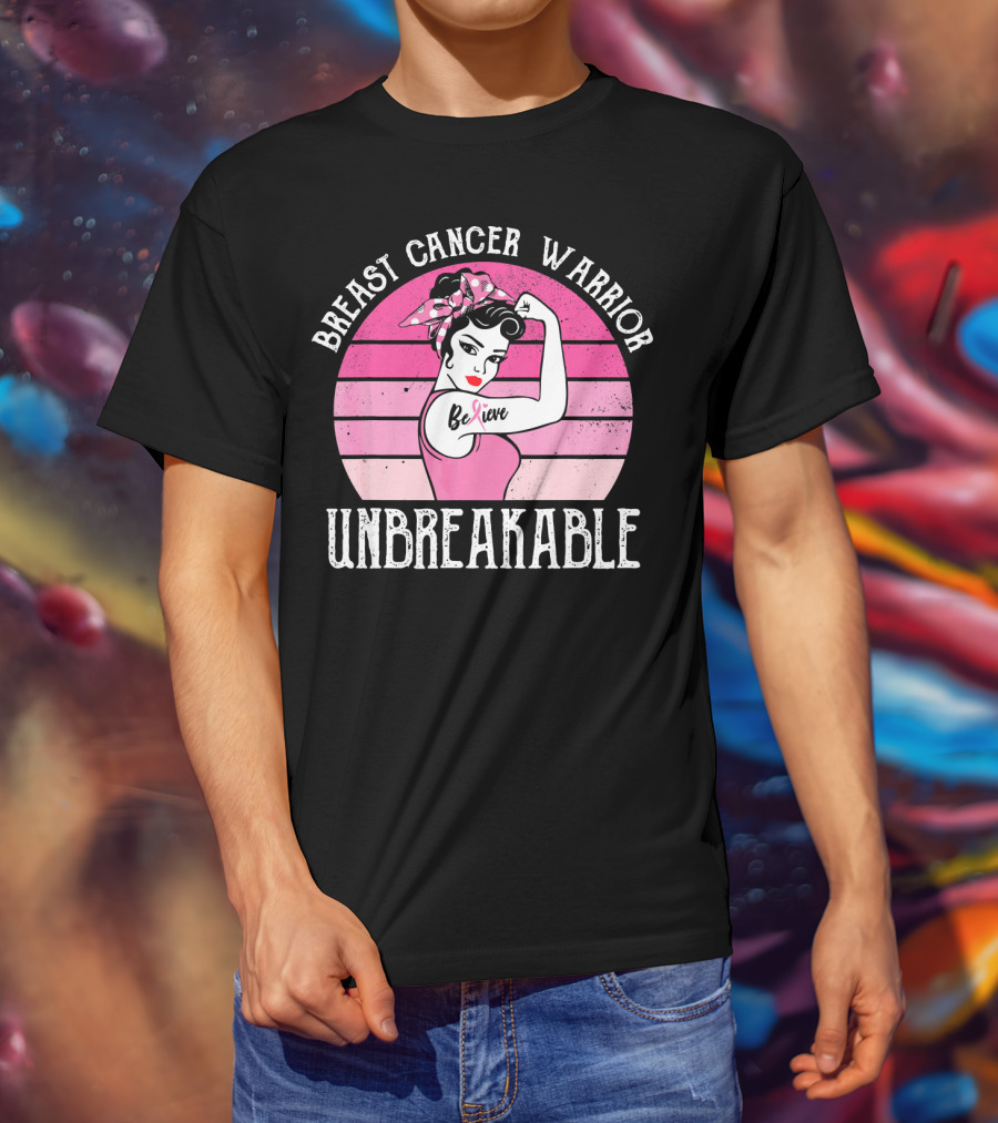 Breast Cancer Warrior Believe Unbreakable Retro Sunset T-Shirt