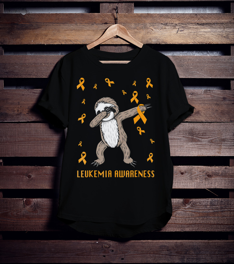 Leukemia Awareness Dabbing Sloth With Orange Ribbons T-Shirt