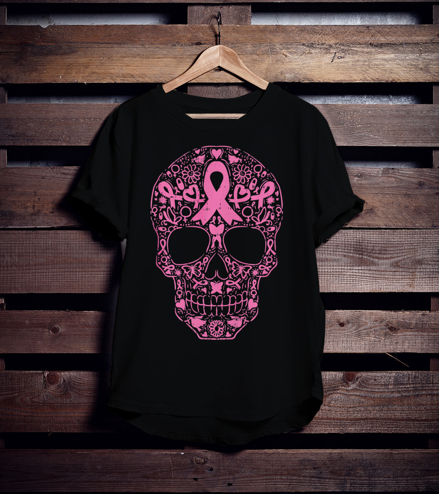 Sugar Skull Pink Ribbon Breast Cancer Awareness Calavera T-Shirt