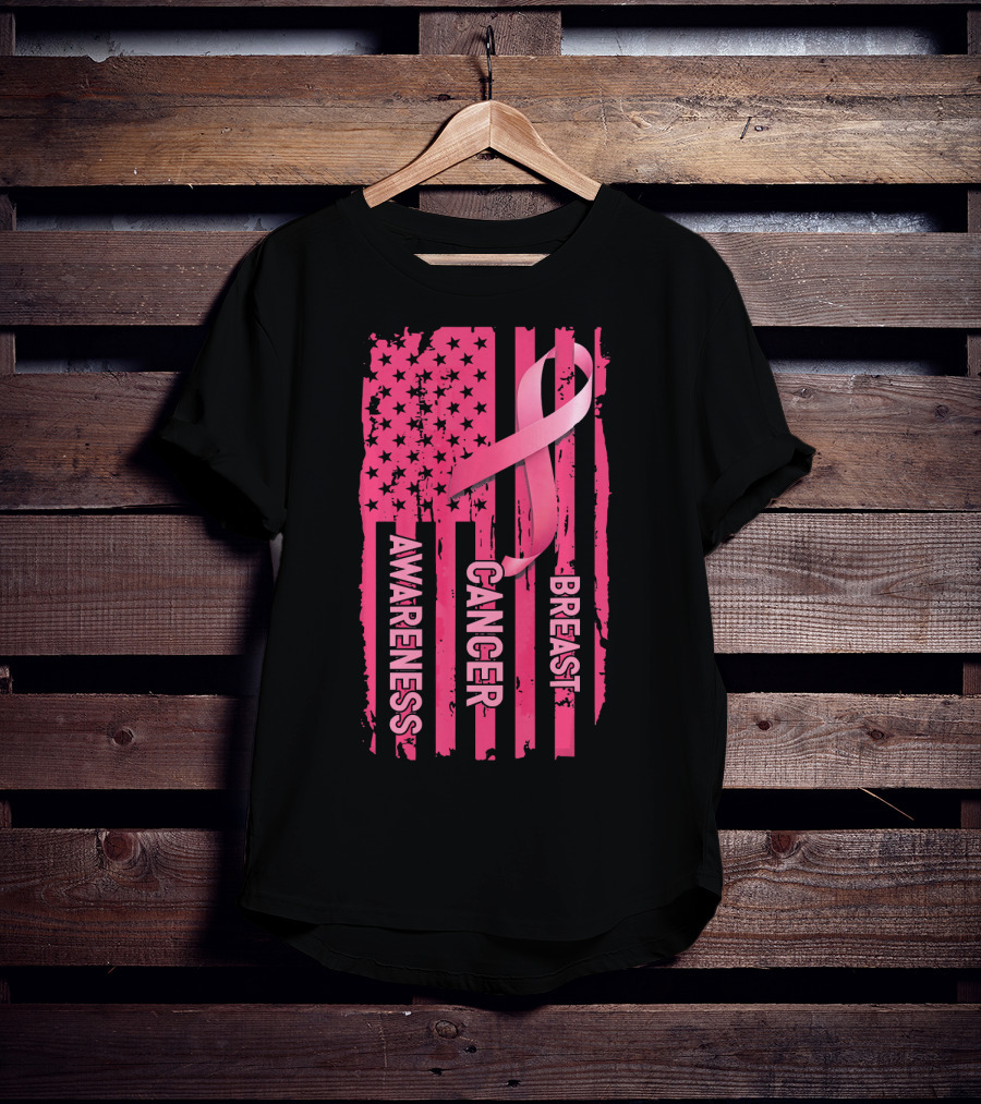 American Flag Pink Ribbon Breast Cancer Awareness T-Shirt