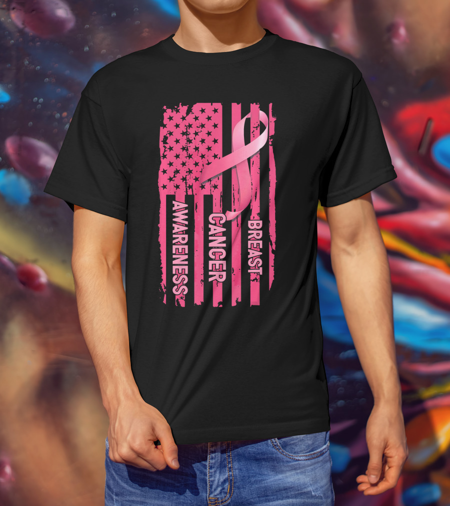 American Flag Pink Ribbon Breast Cancer Awareness T-Shirt