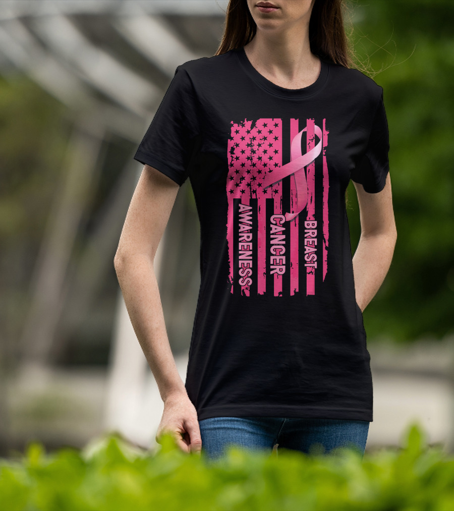 American Flag Pink Ribbon Breast Cancer Awareness T-Shirt
